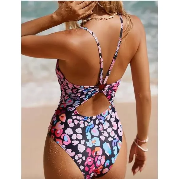 Cupshe One Piece Swimsuit NWOT Sz L Multicolored Leopard Print O Ring Cutout - Picture 3 of 14
